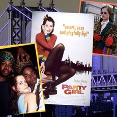 a collage of stills from the movie party girl starring parker posey against a backdrop of a manhattan bridge