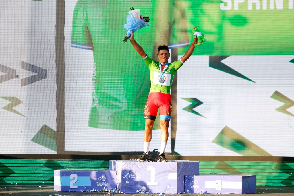 SAN JUAN ARGENTINA JANUARY 24 Daniel Omar Juarez of Argentina and Agrupacion Virgen de Fatima San Juan Biker Motos celebrates at podium as Green Sprint Jersey during the 39th Vuelta a San Juan International 2023 Stage 3 a 1709km stage from Circuito San Juan Villicum to Circuito San Juan Villicum VueltaSJ2023 on January 24 2023 in San Juan Argentina Photo by Maximiliano BlancoGetty Images
