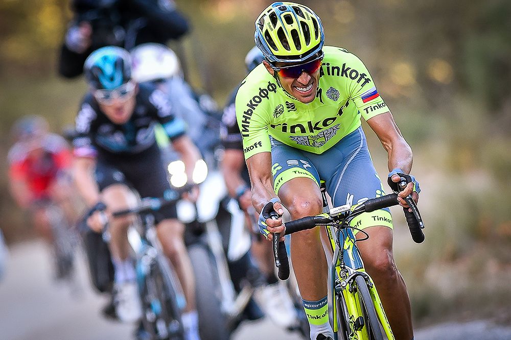Alberto Contador attacks the lead group near the end of stage 6 at Paris-Nice.