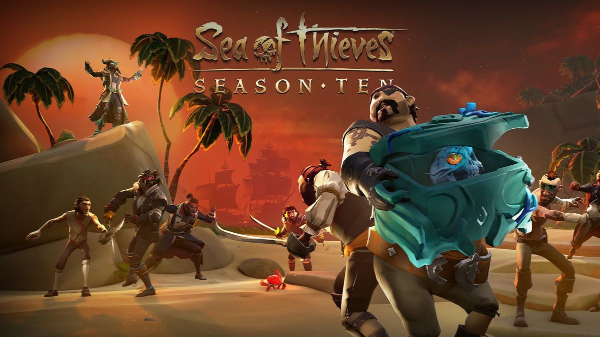 An image of several pirates ona beach engaged in combat. One is holding a chest with a Siren Skull inside. Text at the top center of the image says &quot;Sea of Thieves Season Ten&quot;