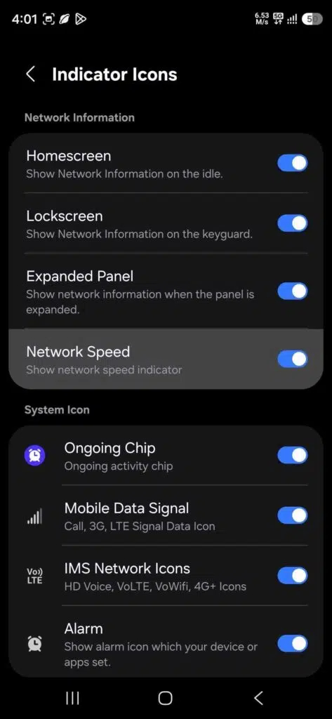 network speed indicator toggle in the settings within One UI 9