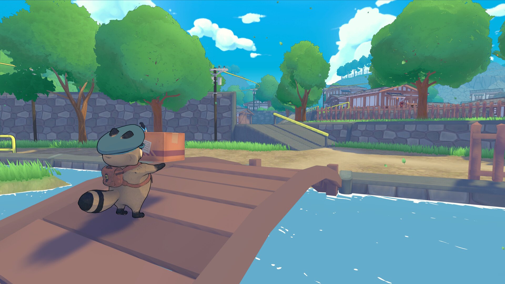 Tanuki: Pon's Summer screenshot of a tanuki holding a parcel on a bridge over a lake