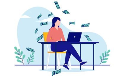 Female person with computer making money online. 