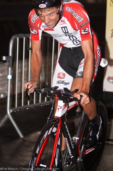 Bissell's Paul Mach won the Mt. Hood Cycling Classic Prologue in wet conditions.