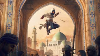 Un assassin se jette sur un lanceur d'épées à Bagdad dans Assassin's Creed Mirage.