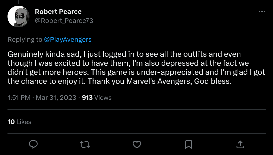 Tuit de Marvel's Avengers sobre la actualización final