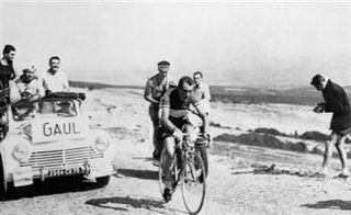 Charly's day - Gaul en route to winning the 18th stage of the 1958 Tour de France, an uphill individual time trial from Bedouin to the top of Mont Ventoux.
