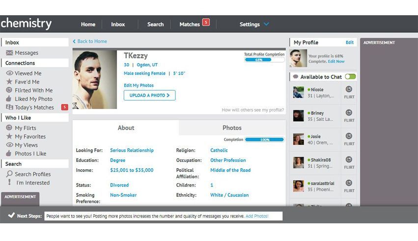 The man seeking woman profile we created on Chemistry, pictured here, got five matches and one message in 24 hours.