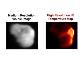 This image composite shows comet Tempel 1 in visible (left) and infrared (right) light (figure 1). The infrared picture highlights the warm, or sunlit, side of the comet, where NASA's Deep Impact probe later hit. These data were acquired about six minutes