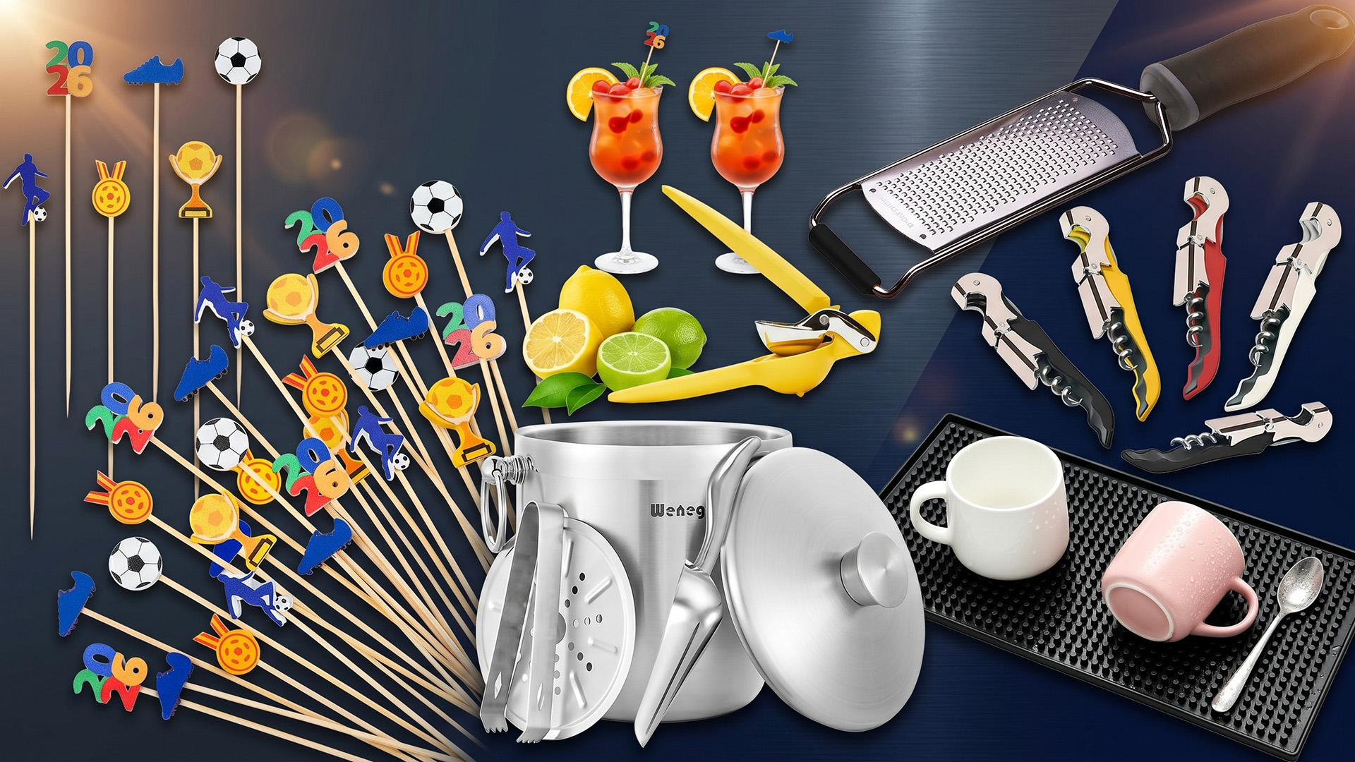 A zester, drinks opener set, cocktail picks and other party essentials.