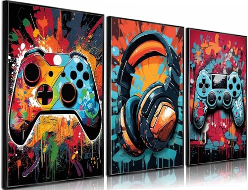 Ppv 3pcs Cool Gaming Wall Art Retro Video Gamer Watercolor Posters Pictures Colorful Neon Gamepad Canvas Painting Prints for Boys Room Kids Gamer Room Bedroom for Boys Home Decoration