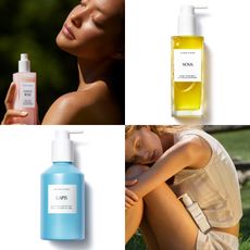 collage of herbivore body care products with models on white background