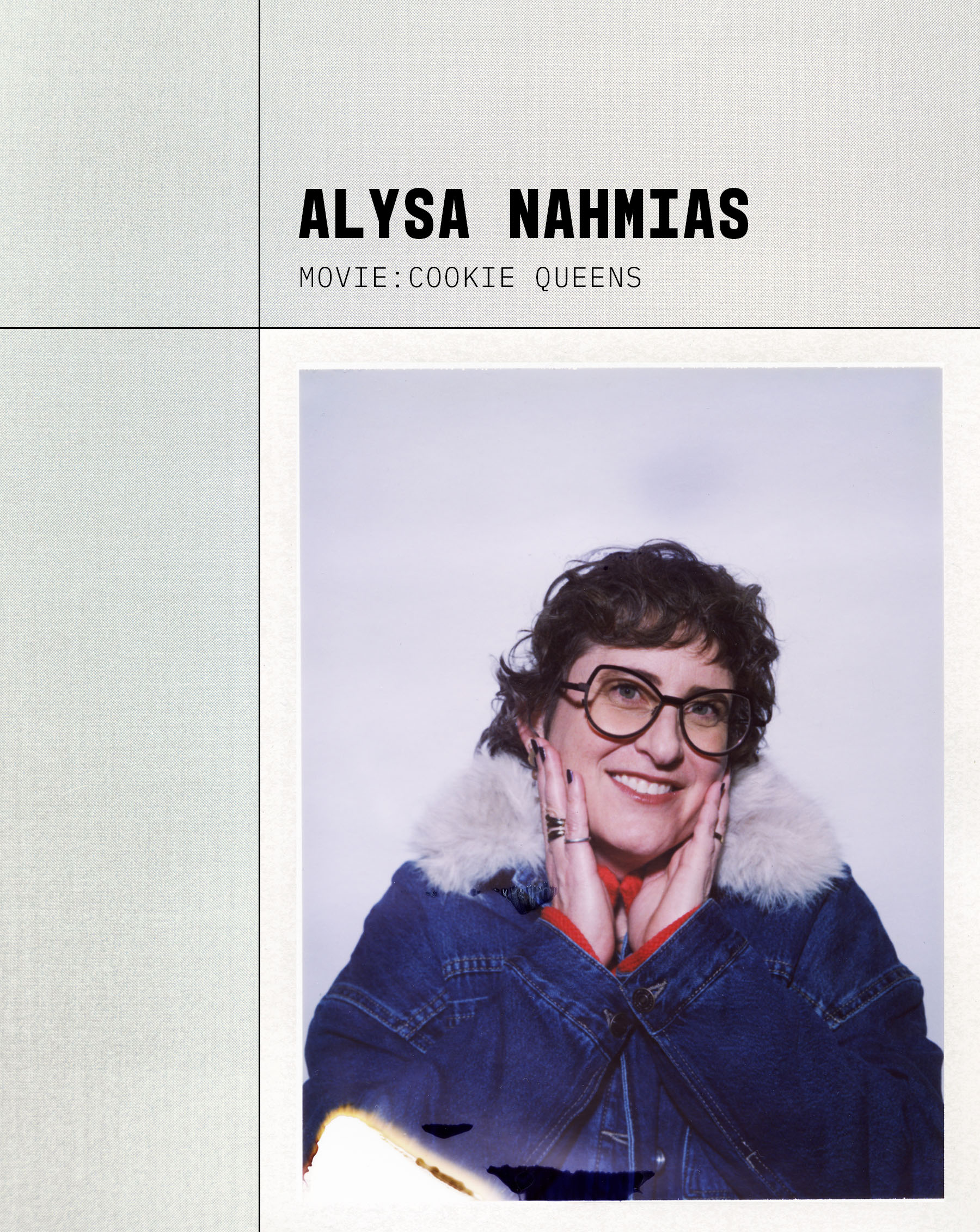 Polaroid photo of Cookie Queen director Alysa Nahmias at theBest Knockoff Luxury Clothing
 and Free People Sundance studio. She is wearing a Free People denim jacket with faux fur collar.