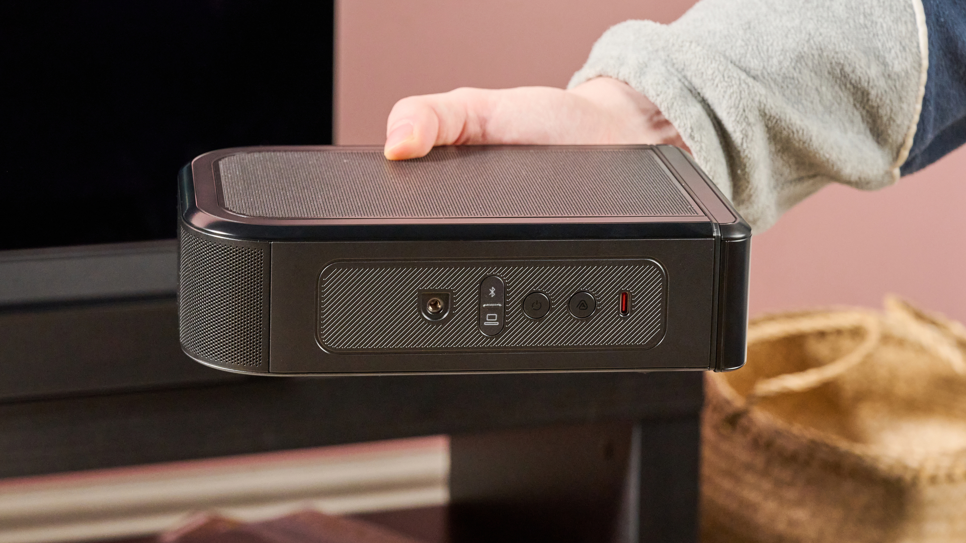 Ports and buttons on the reverse side of a JBL Bar 1300MK2 surround speaker