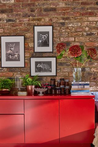 red sideboard against a brick wall with a monochrome gallery wall and indoor plants