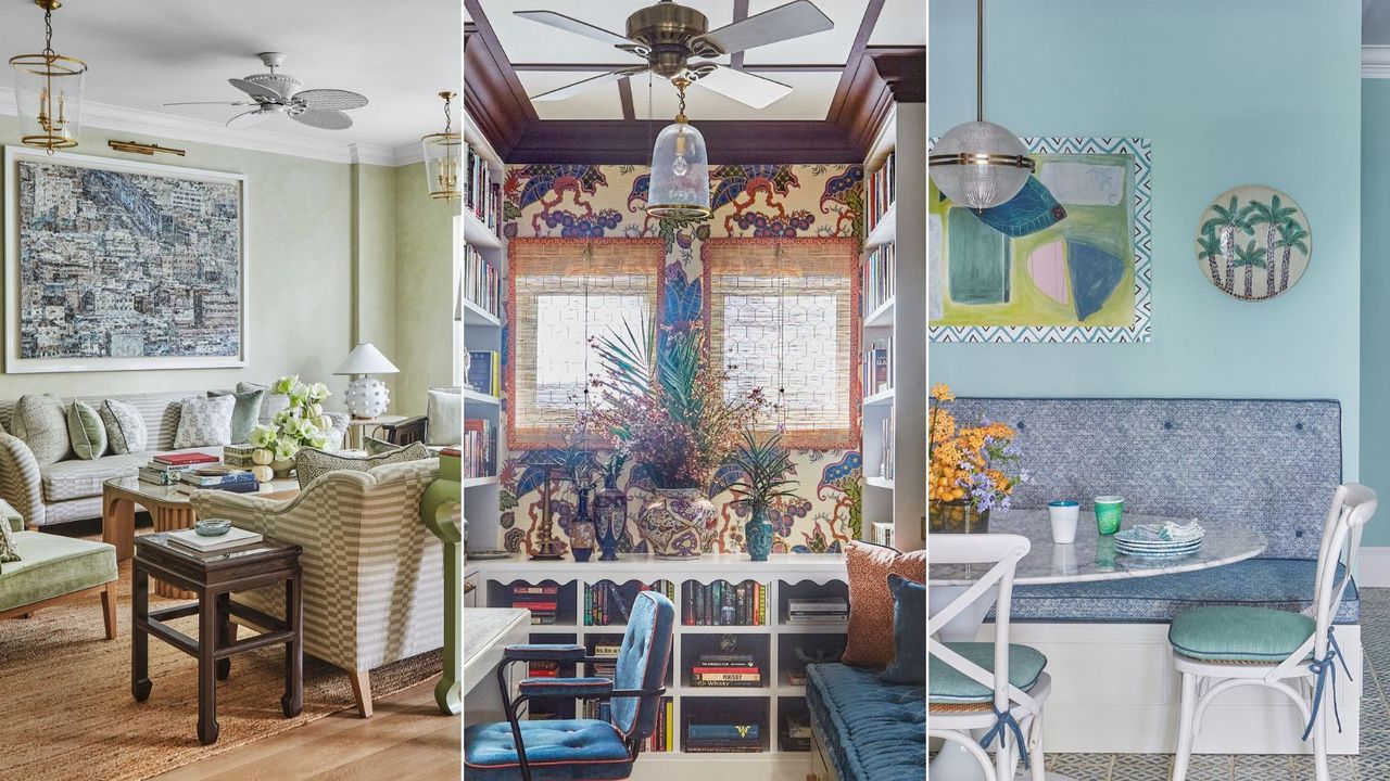 three images of colourful interior 