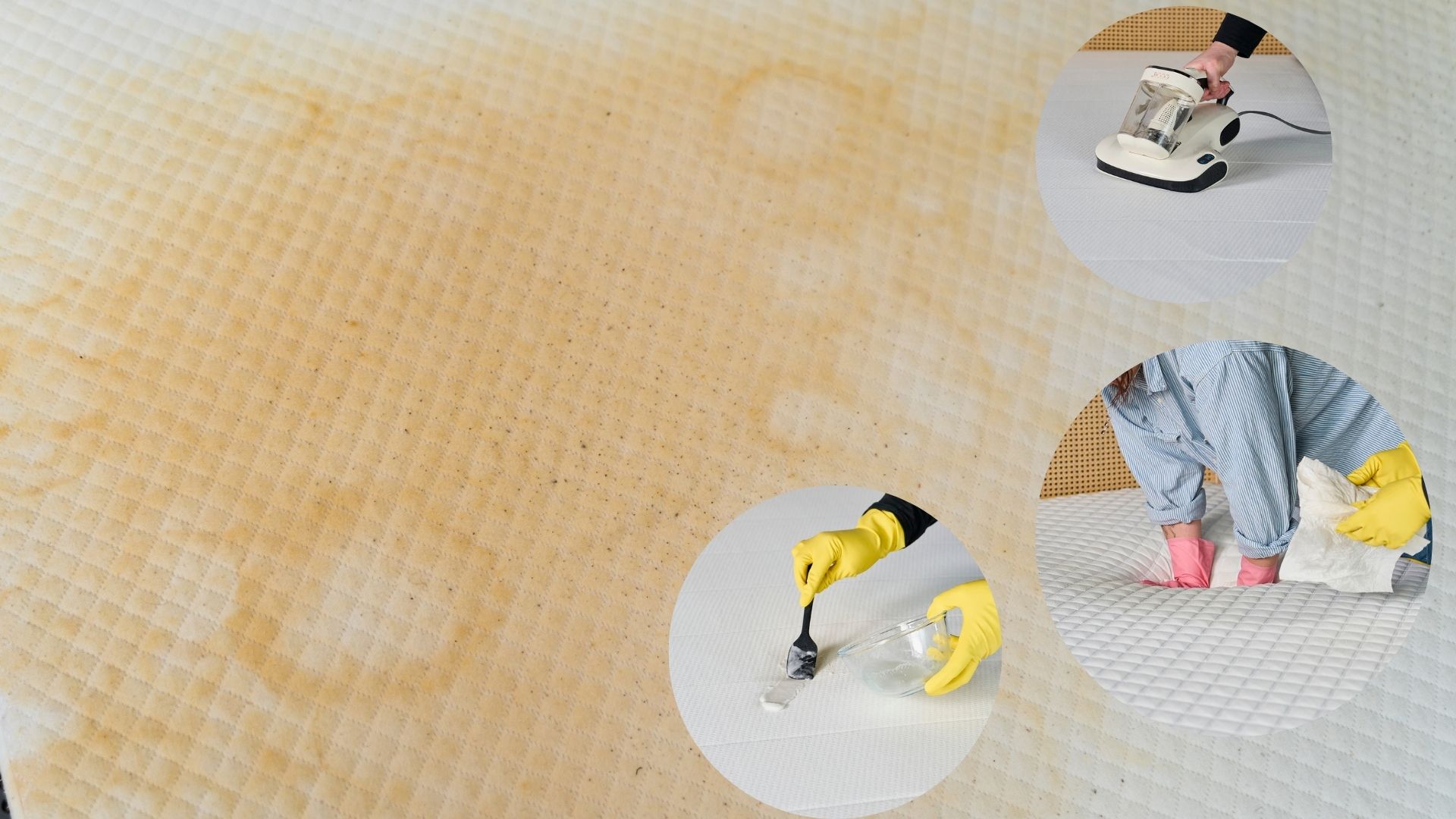 A mattress with yellow sweat stains on alongside photos of the Tom's Guide Sleep Team cleaning mattresses