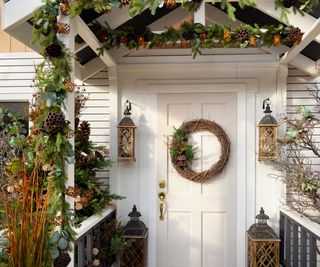winter porch with wreath and garland