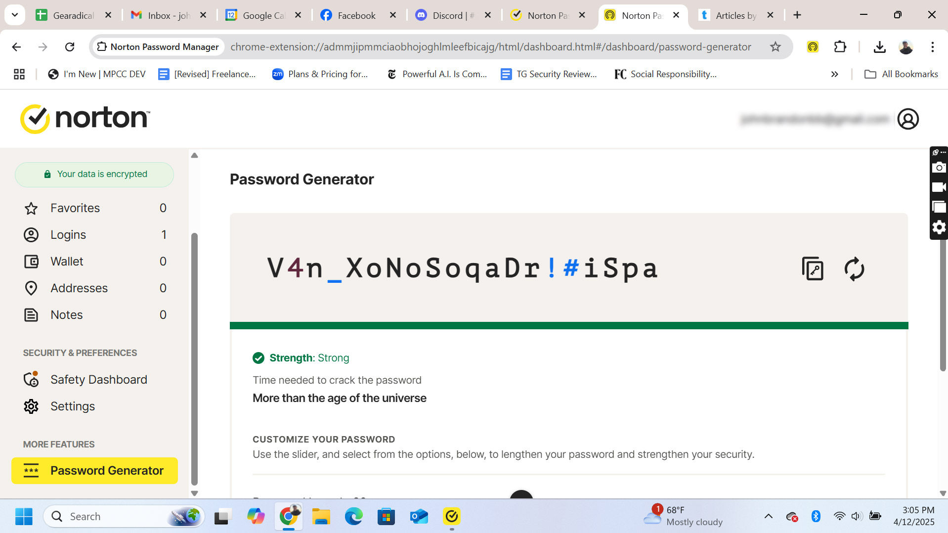 A screenshot of the Norton 360 Deluxe password generator interface.