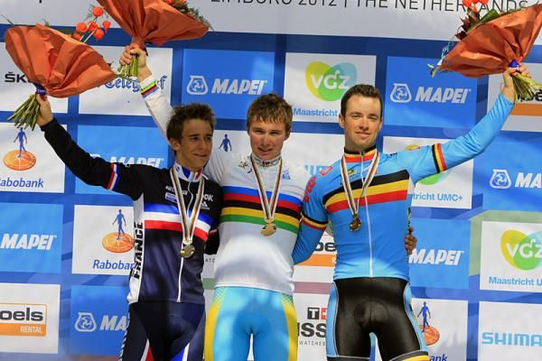 U23 road Worlds podium (L-R): Bryan Coquard (France), 2nd; Alexey Lutsenko (Kazakhstan), 1st; Tom Van Asbroeck (Belgium), 3rd