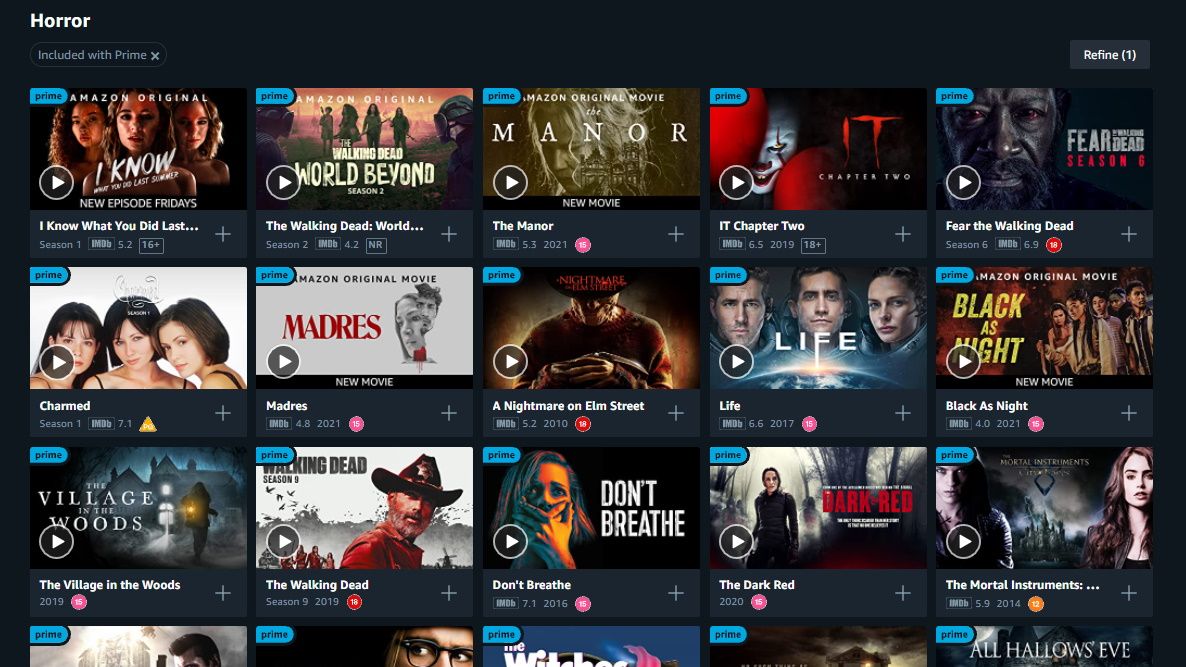 Amazon Prime Video menu showing horror movies and shows