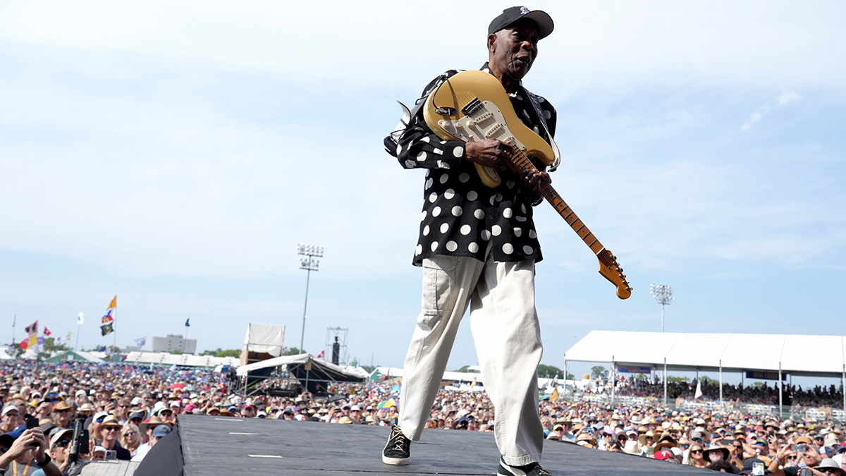 Buddy Guy performs onstage at the 2023 New Orleans Jazz & Heritage Festival at Fair Grounds Race Course on May 04, 2023 in New Orleans, Louisiana