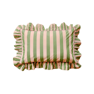 pink and green striped pillow cover with ruffled edge