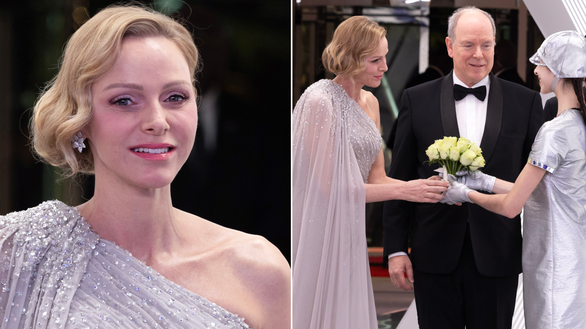 Princess Charlene of Monaco attends the Rose Ball 2026 Photocall on March 21, 2026 wearing a glittering sequin caped gown from Elie Saab