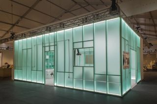 Arsham’s booth for Friedman Benda reflects the green hues of his studio graphics