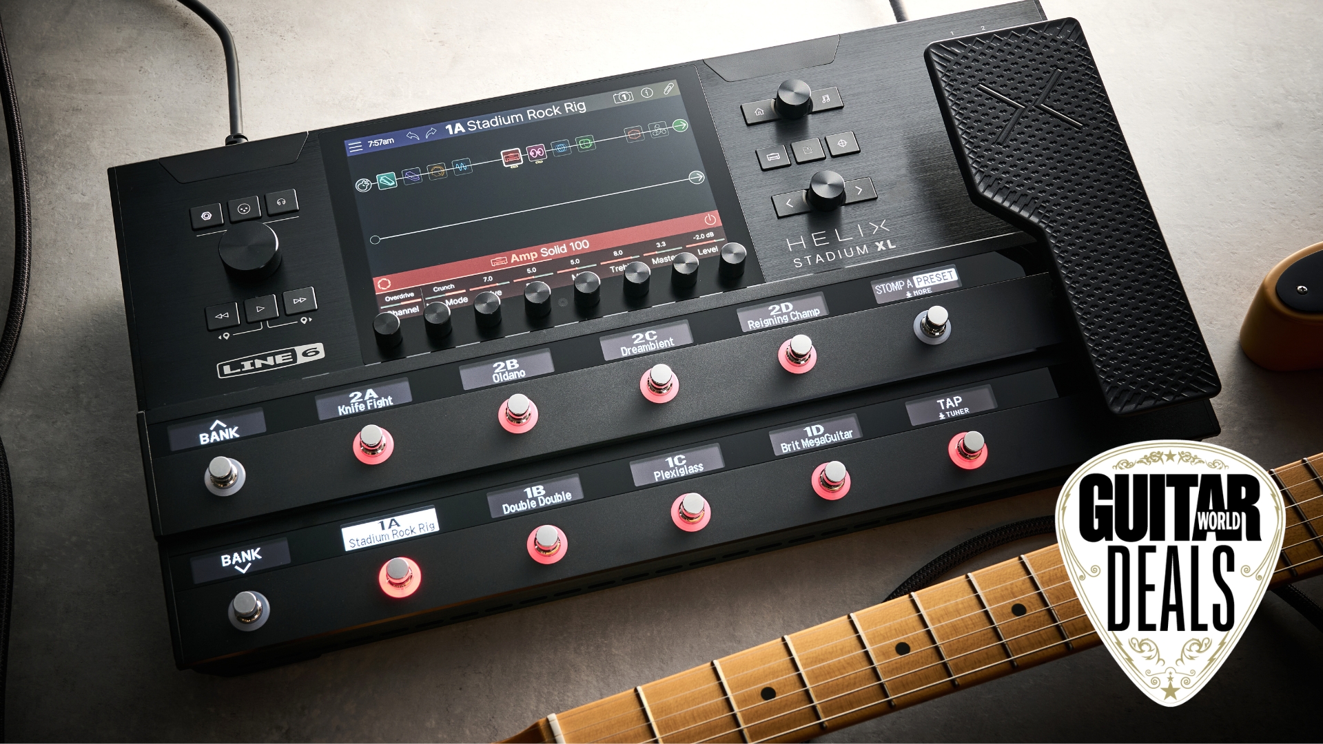 A Line 6 Helix Stadium modeler with the Guitar World deals logo in the corner