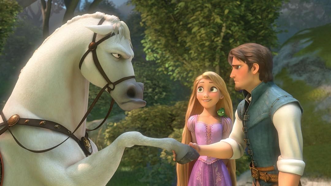 Flynn and a white horse grumpily shake hands with each other as Rapunzel watches with a smile in Tangled.