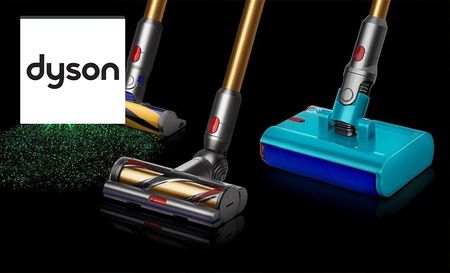 3 Dyson Vacuums on a black background