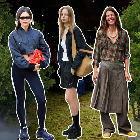 paris fashion week street style trainer trends september 2026: listing image. The image shoes three fashion people wearing the trainer trends in this piece. 