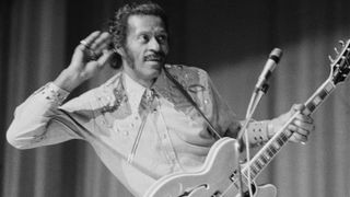 Chuck Berry, performing at the Lewisham Odeon, south London, 19th February 1975. 