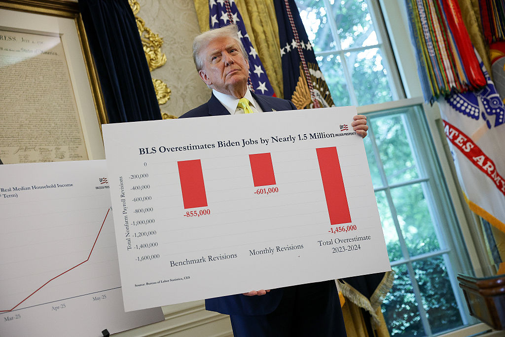 trump holds chart showing bls job revisions