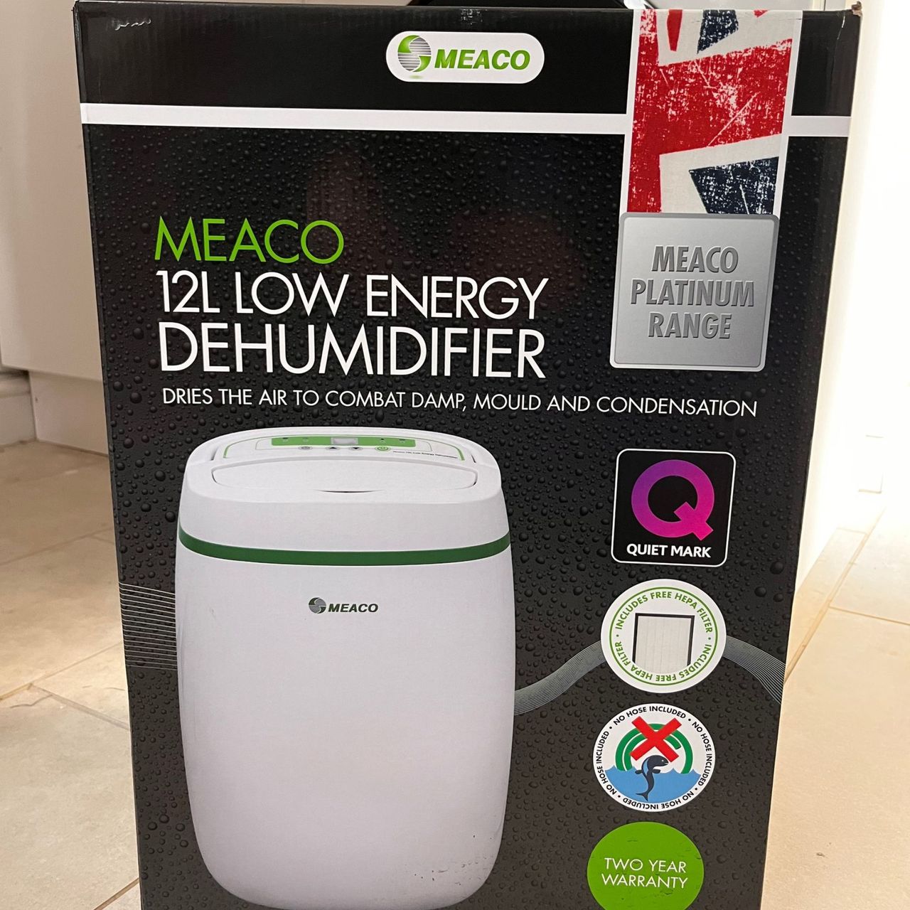meaco 12l low energy dehumidifier in delivery box