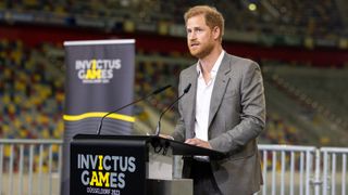 Prince Harry speaking at a press conference at the Invictus Games Dusseldorf 2023 One Year To Go event