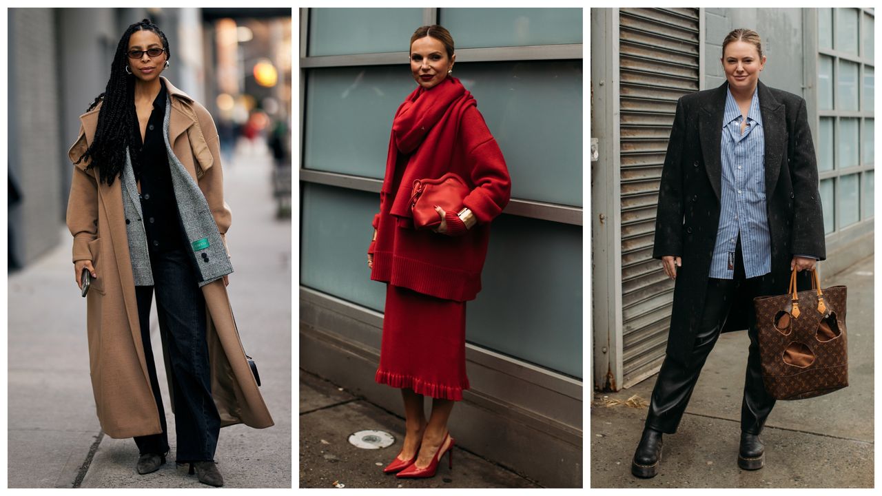 collage of women wearing designer clothing (woman wearing trench coat, black top, and jeans; woman wearing red sweater, red skirt, and red heels; woman wearing blazer, button-down shirt, leather pants, boots, and Louis Vuitton bag.