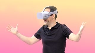 Facebook vice president of VR Hugo Barra demonstrates how to use the new Oculus Go during the annual F8 summit at the San Jose McEnery Convention Center in San Jose, California on May 1, 2018.