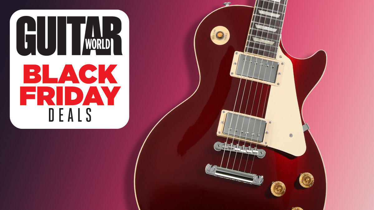 Gibson Les Paul Standard &#039;60s Plain Top Electric Guitar against burgundy background Black Friday graphic