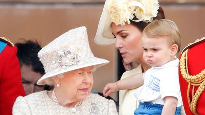 Prince Louis birthday photo, Queen Elizabeth II, Catherine, Duchess of Cambridge and Prince Louis of Cambridge watch a flypast from the balcony of Buckingham Palace during Trooping The Colour, the Queen&#039;s annual birthday parade, on June 8, 2019 in London, England