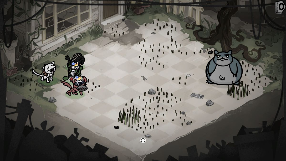 Mewgenics Guillotina: The battleground with Guillotina in the garden.