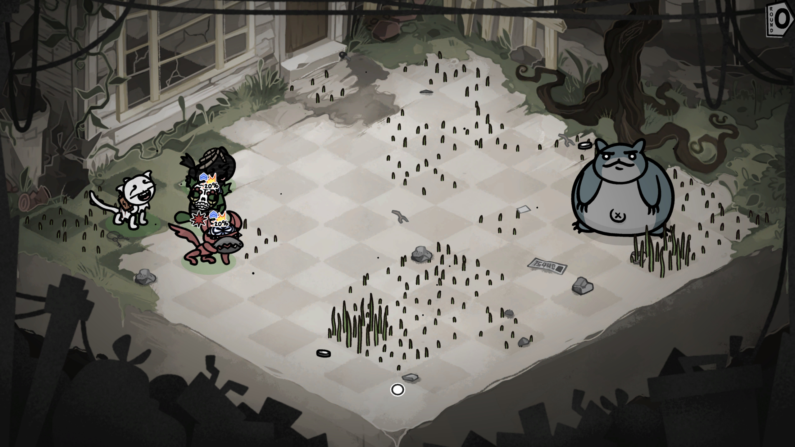 Mewgenics Guillotina: The battleground with Guillotina in the garden.