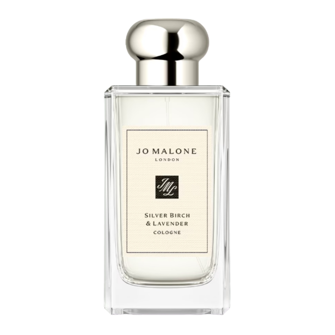 A product shot of the Jo Malone London Silver Birch & Lavender Cologne, on a white background