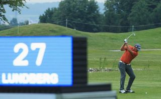A golfer pictured with the shot clock seen during the 2018 Shot Clock Masters in Austria