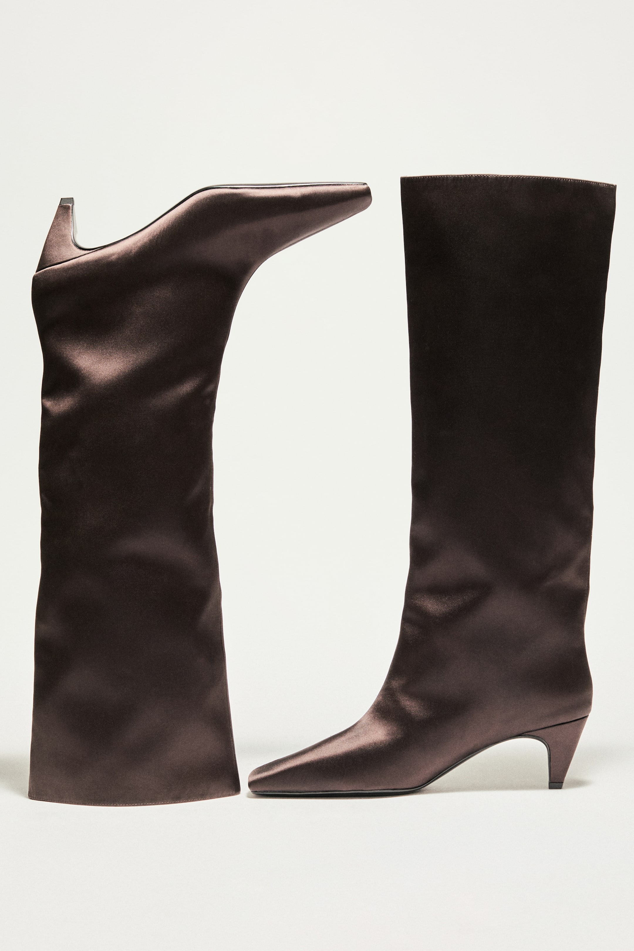 Satin Knee-High Boots - Dark Brown