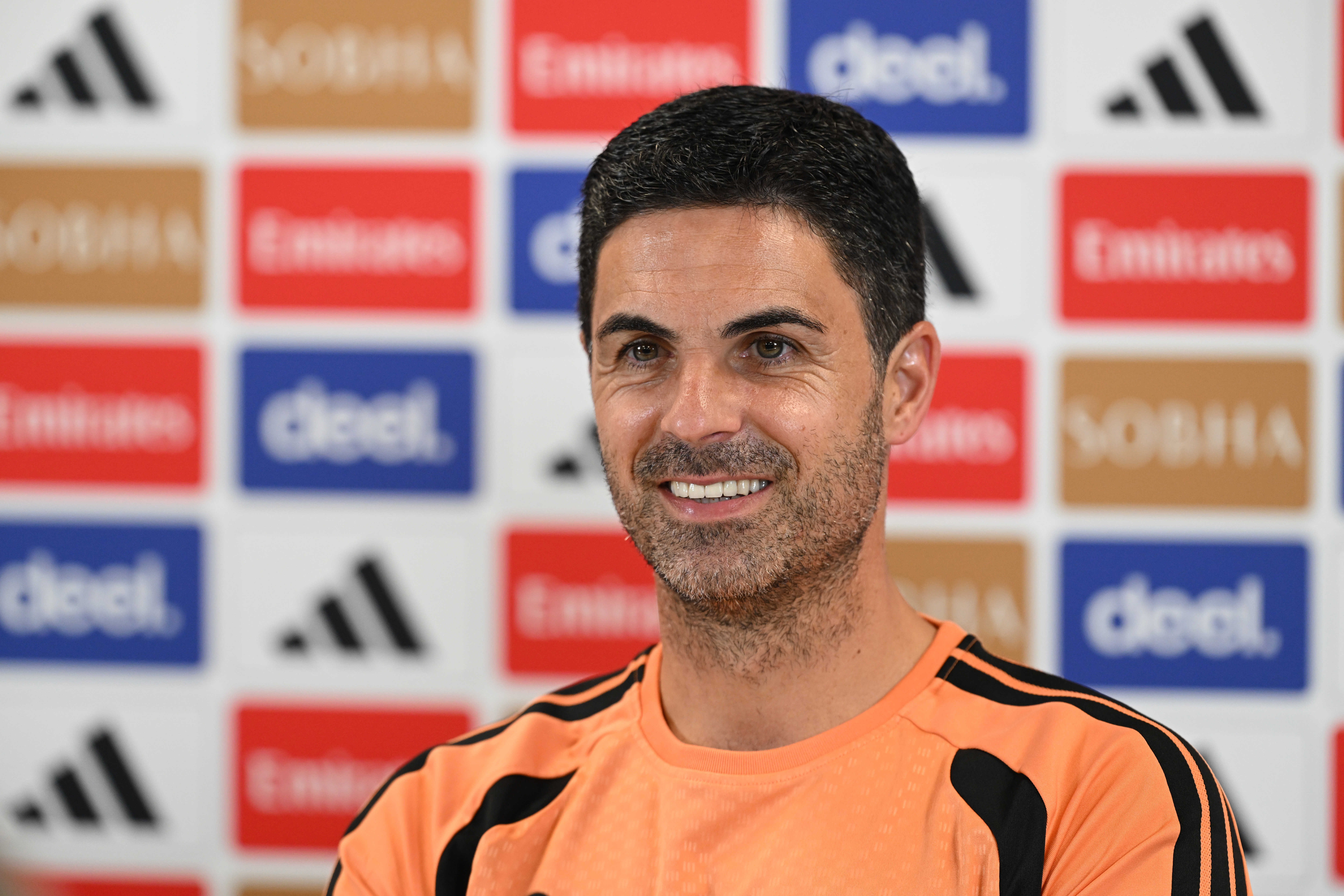 LONDON COLNEY, ENGLAND - AUGUST 20: Arsenal manager Mikel Arteta attends a press conference at Sobha Realty Training Centre on August 20, 2026 in London Colney, England. (Photo by Stuart MacFarlane/Arsenal FC via Getty Images)