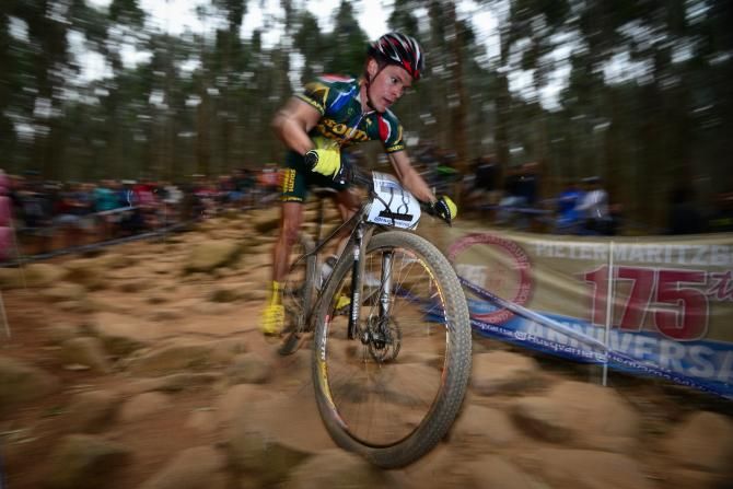 Rourke Croeser of South Africa had his podium hopes destroyed when he broke his chain on the start line of the men's under 23 cross country