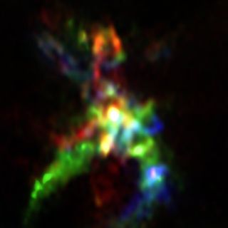 This ALMA image shows a detailed view of the star-forming region AFGL 5142. A bright, massive star in its infancy is visible at the centre of the image. The flows of gas from this star have opened up a cavity in the region, and it is in the walls of this cavity (shown in colour), that phosphorus-bearing molecules like phosphorus monoxide are formed. The different colours represent material moving at different speeds.