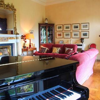 living area with wooden flooring and piano